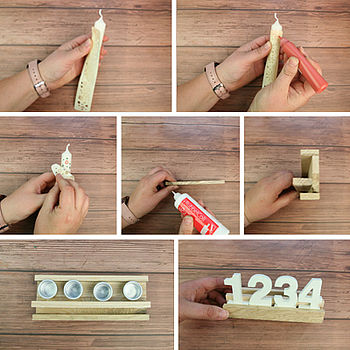 Collage zu vier weiße Kerzen, weihnachtlich dekoriert. :fixed: